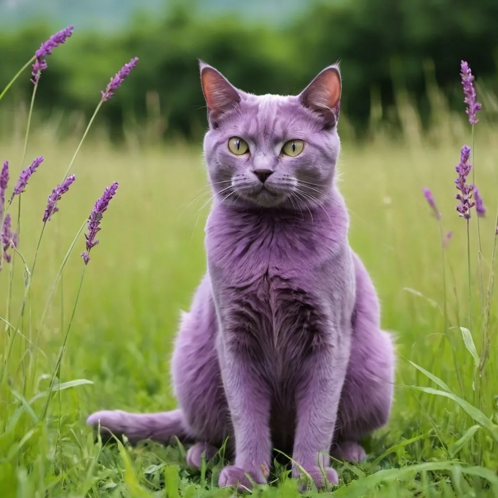 Prompt: A purple cat sit on a gras field