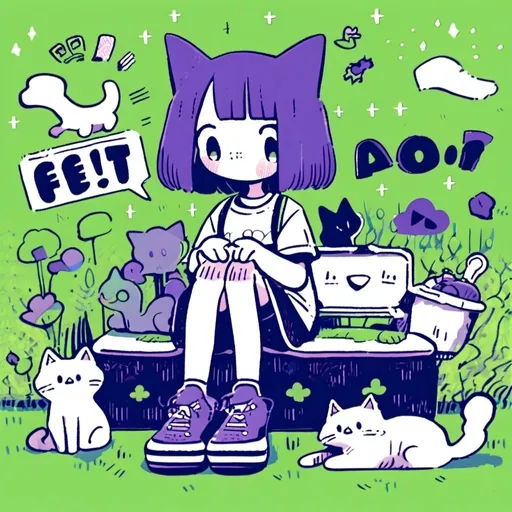 Prompt: A purple cat sit on a gras field