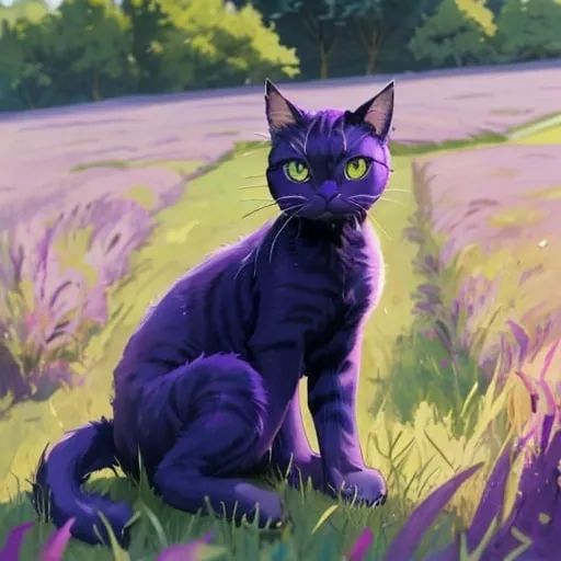 Prompt: A purple cat sit on a gras field