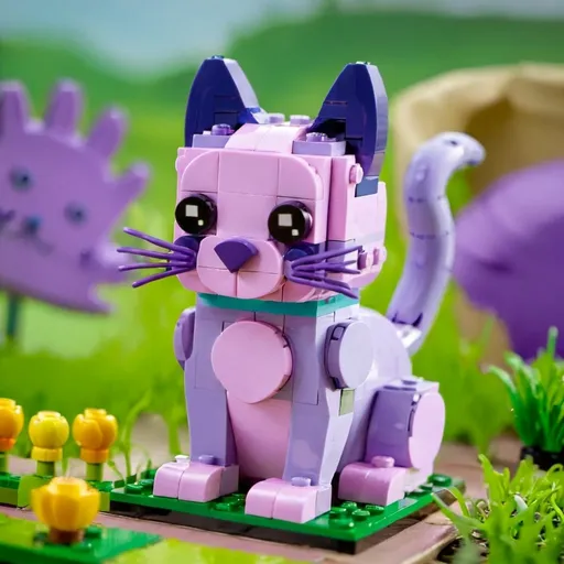 Prompt: A purple cat sit on a gras field