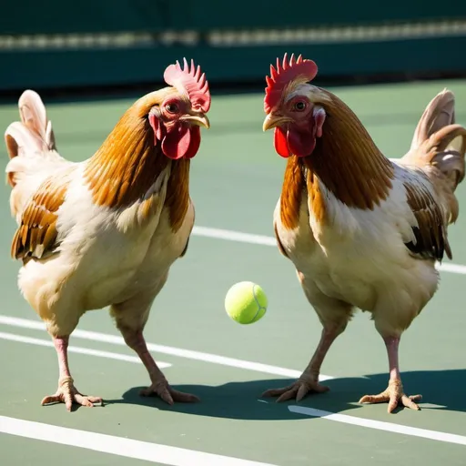 Prompt: dos gallinas peleando con raquetas en una cancha de tenis
