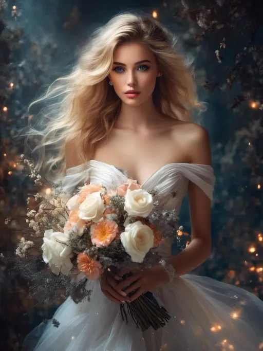 Prompt:  <mymodel> woman with a bouquet, sad women, Artgerm art style, ethereal and mystical atmosphere, flowing blonde hair and elegant bridal gown attire, glowing magical effects, high-quality, vibrant dark atmosphere, detailed facial features, enchanting beauty, magical realism, digital painting, surreal lighting, mystical, enchanting, elegant, detailed, Artgerm, fantasy, flowing hair, dark colors, magical effects, high quality.