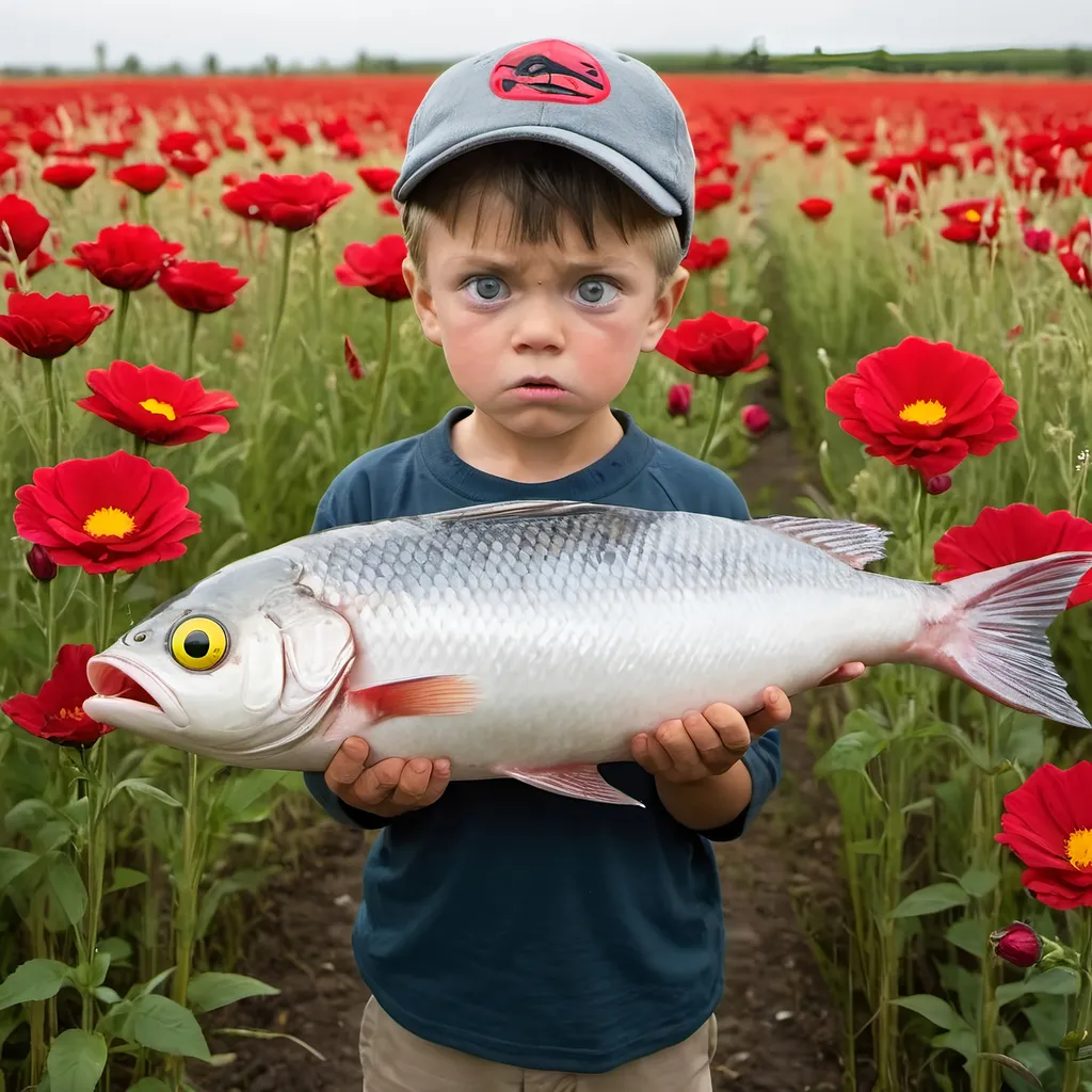 Prompt: angry little boy holding a yellow eyed extra large fish, in a field of red flowers