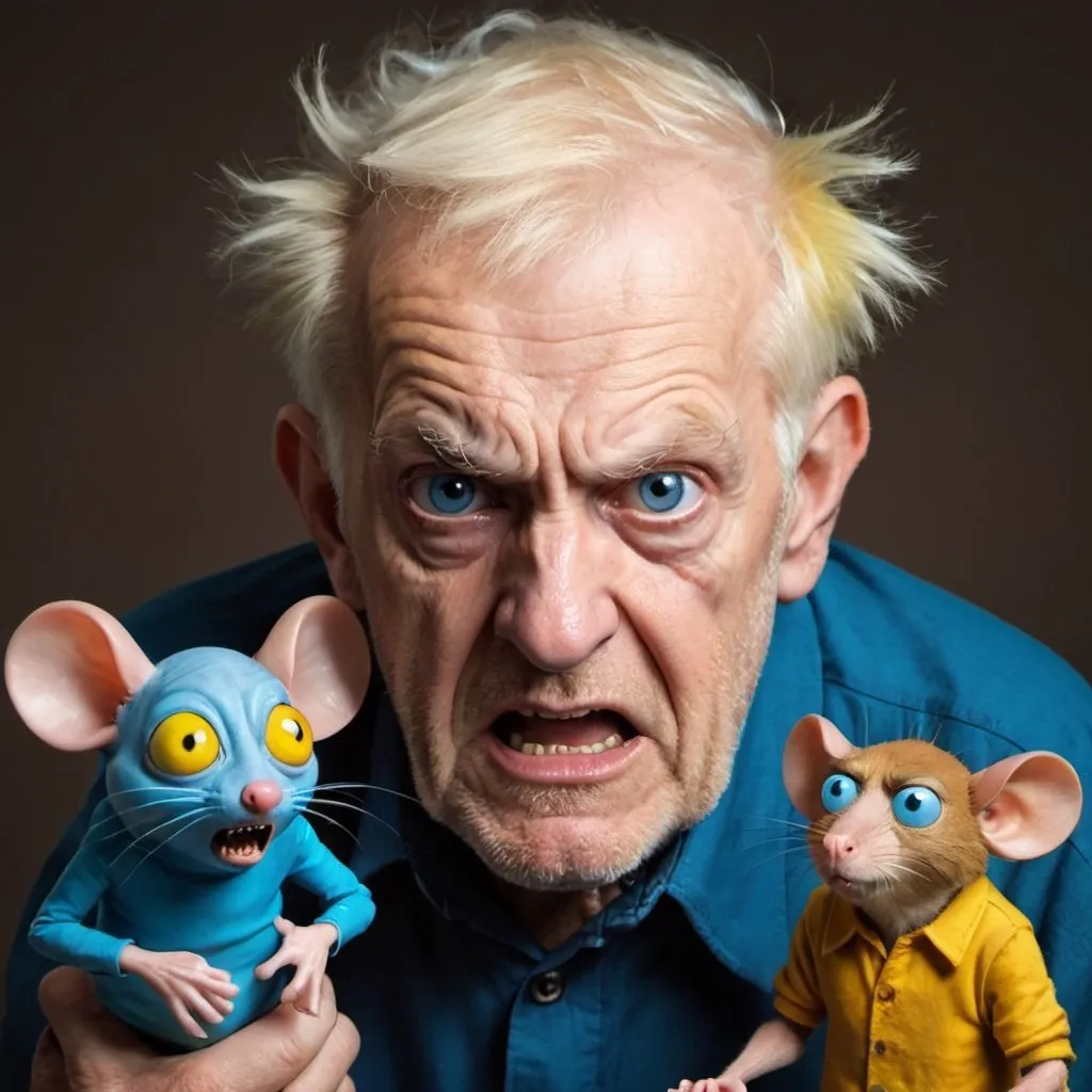 Prompt: portrait of a scared old man with yellow hair and one blue eye and one brown eye, and a angry alien mouse on his shoulder