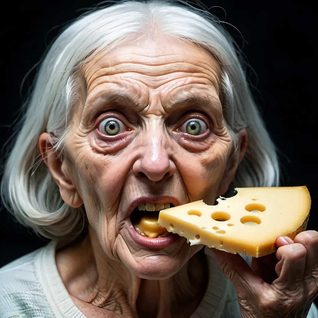 Prompt: alien old woman with scary eyes,  putting a large piece of cheese in her mouth