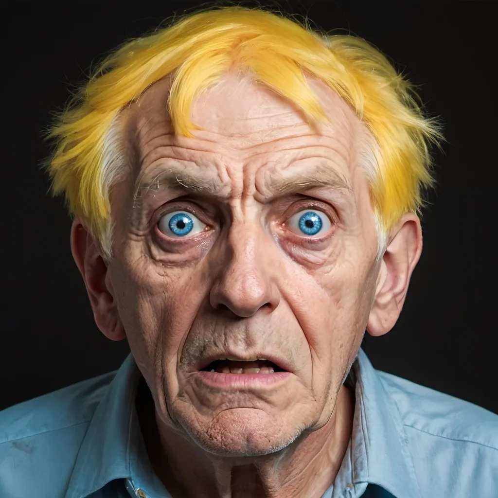 Prompt: portrait of a scared old man with yellow hair and one blue eye and one brown eye