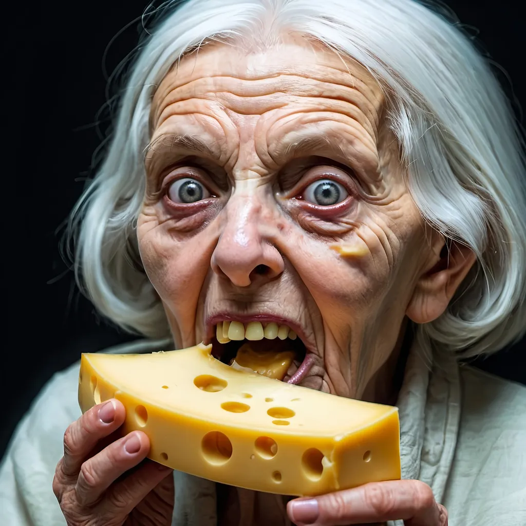 Prompt: alien old woman with scary eyes,  putting a large piece of cheese in her mouth