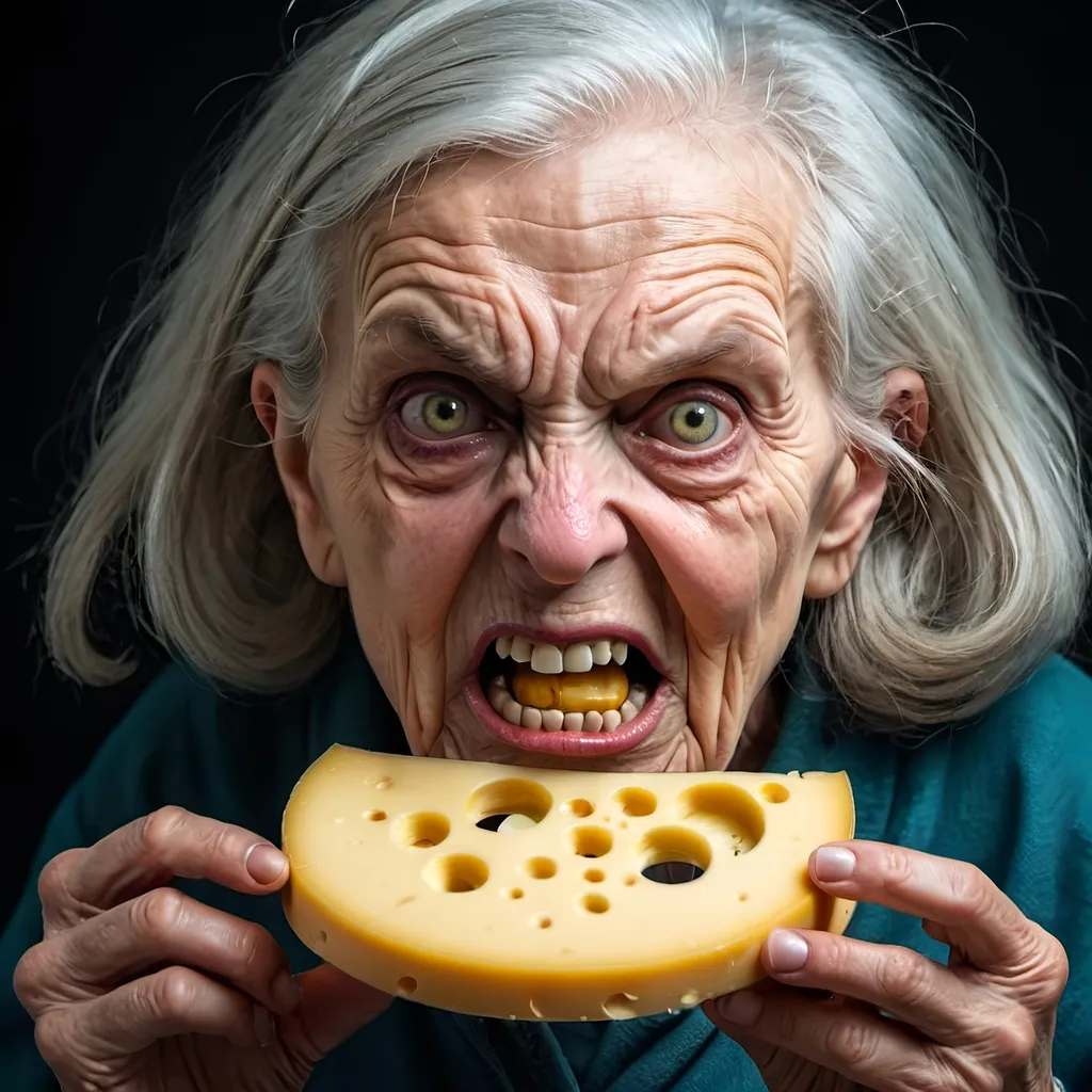 Prompt: alien angry old woman with scary eyes an bad teeth,  putting a large piece of cheese in her mouth