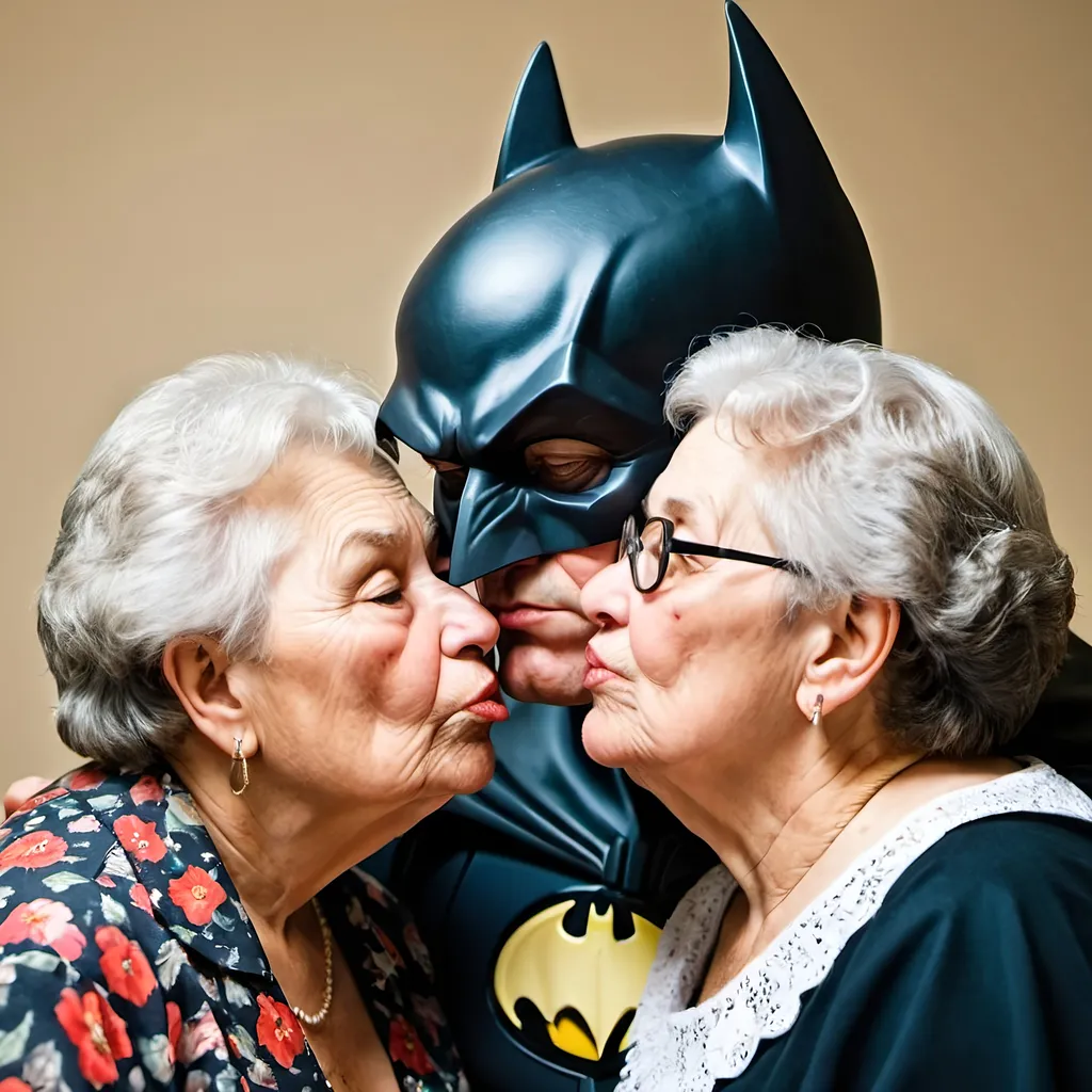 potrait of fat old batman and grandma kissing