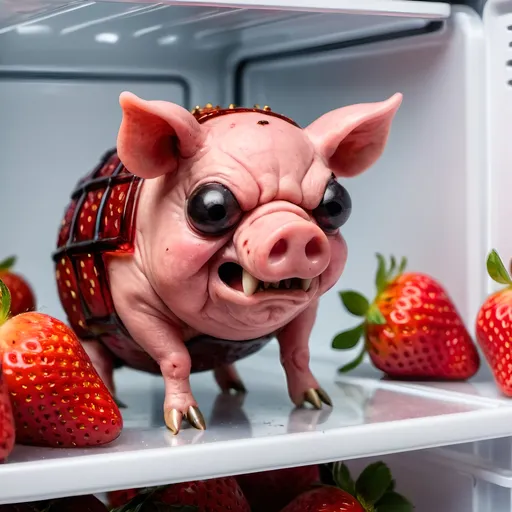 Prompt: closeup of the angry pigbug in the  with strawberries filled fridge