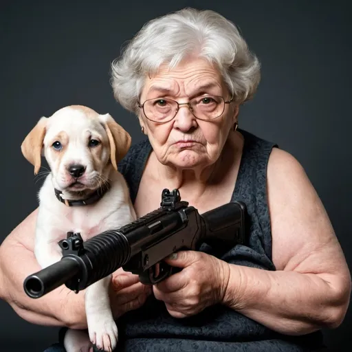 Prompt: photo portrait of a very fat old nasty looking grandma, holding a big gun, and a puppy