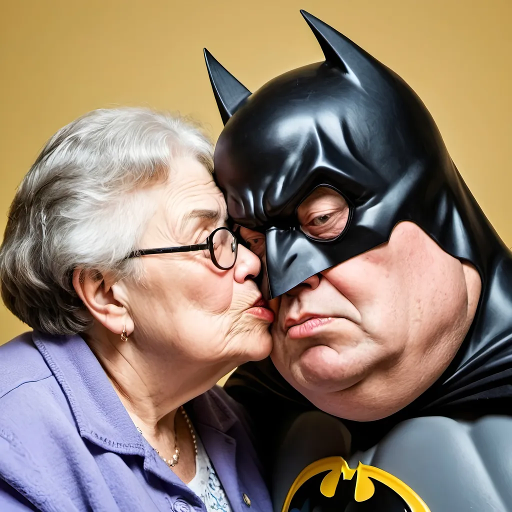 potrait of fat old batman and grandma kissing