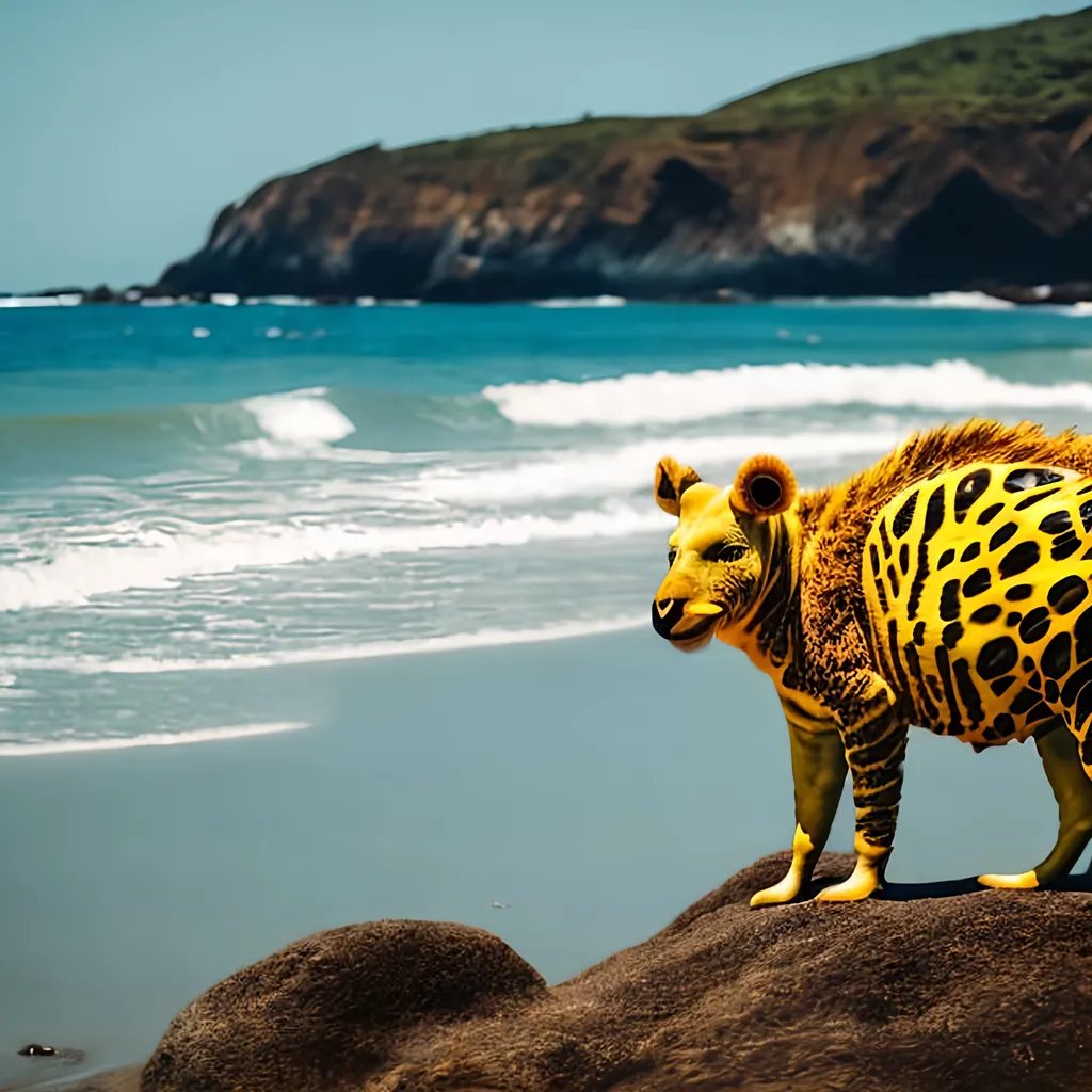 Prompt: a yellow animal on a blue beach
