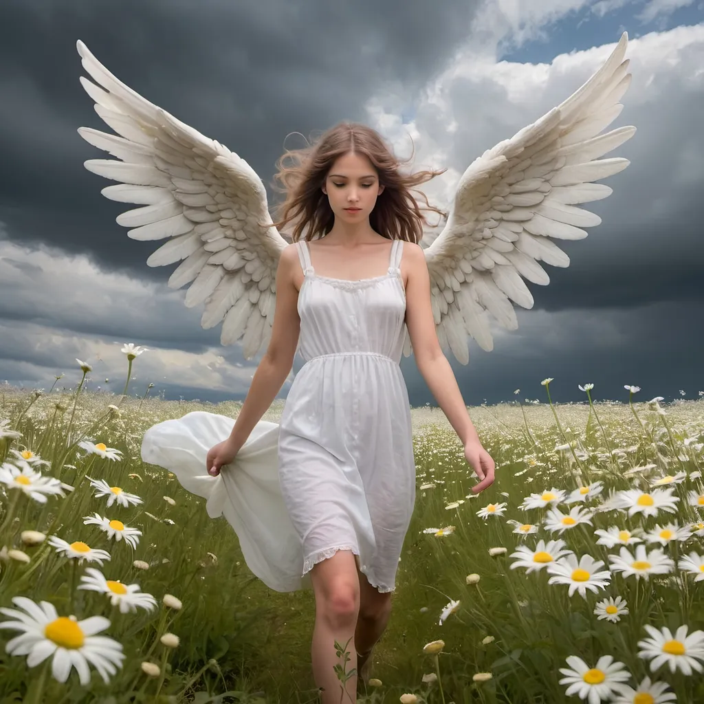 Prompt: angel with a pretty face, walking in a field of daisies, under a heavy clouded sky