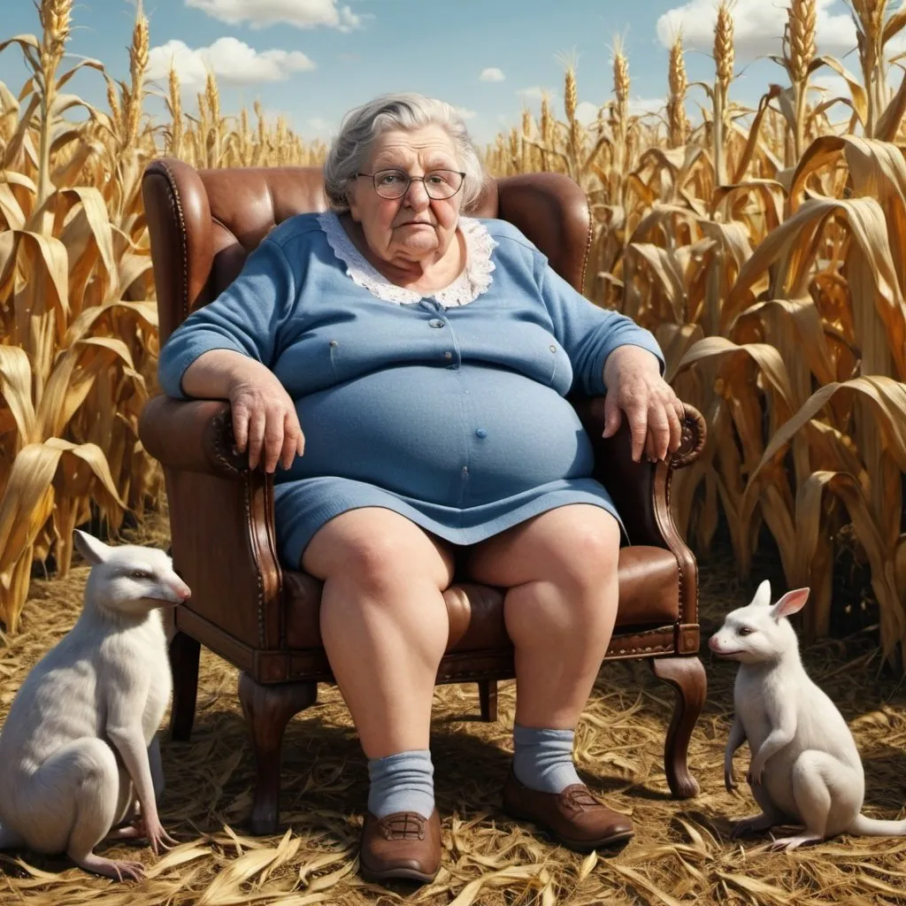 Prompt: photorealistic, .a lot of strange animals in a cornfield. a fat old grandma sitting in a chair