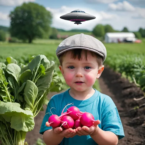 Prompt: little boy with a handful of radishes and a ufo in the background