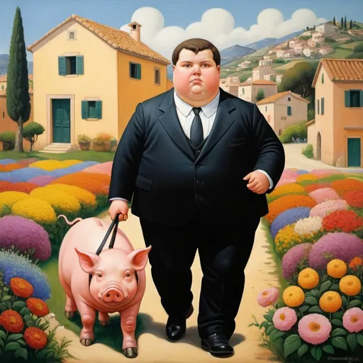 Prompt: fernando botero style painting of a young fat boy, wearing a black suit, in a field of flowers, in a sicilian village, walking a pig