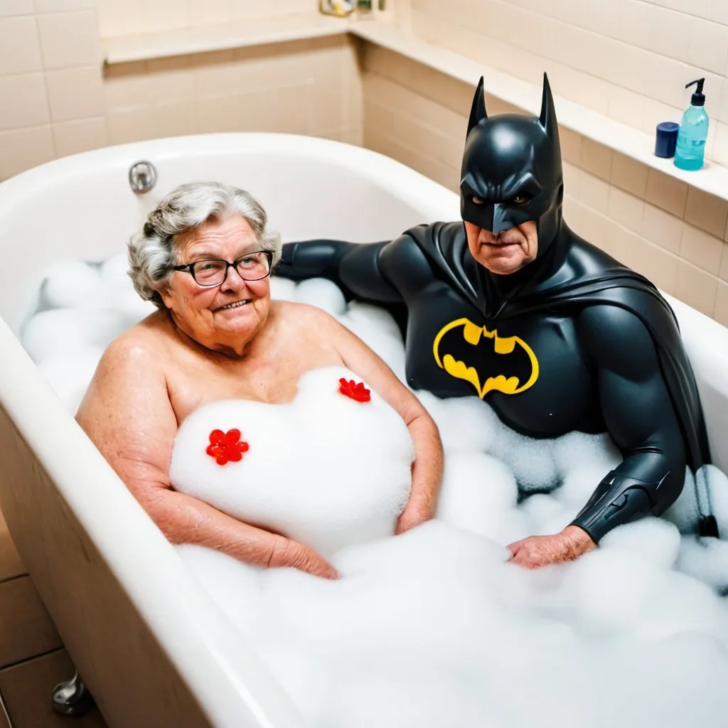 Prompt: fat old batman and fat old grandma, in a bath tub, covered in foam