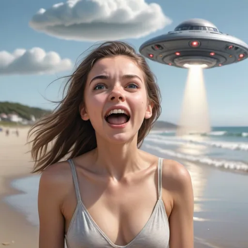 Prompt: photorealistic portrait of a unshaved girl on the beach, looking very excited at an ufo
