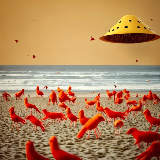 Prompt: yellow dotted ufo and flock of red animals
on the beach