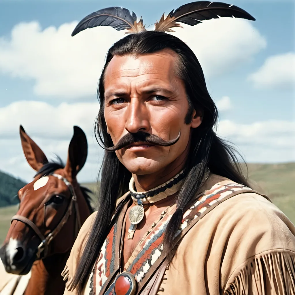 Prompt: winnetou with a very large moustache and big bugs