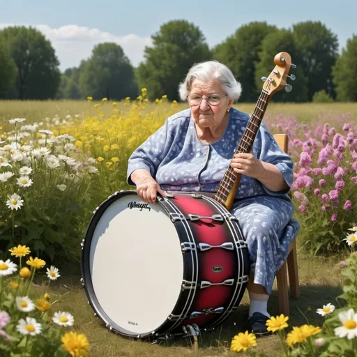Prompt: photorealistic fat old grandma plays the bass drum, in a field of flowers