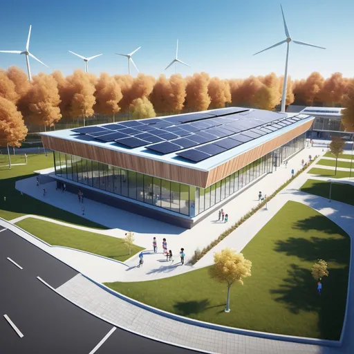 Prompt: (ultra-detailed) image of a modern two-story (primary school), sleek glass frontage, (solar panels) gleaming on a single-pitched roof, surrounded by a clear blue sky, a (wind turbine) gracefully turning nearby, emphasizing eco-friendly design, bright and vibrant colors, capturing the essence of a contemporary educational environment, with a sunny and cheerful atmosphere. Perfectly aligned and designed for a forward-thinking community.