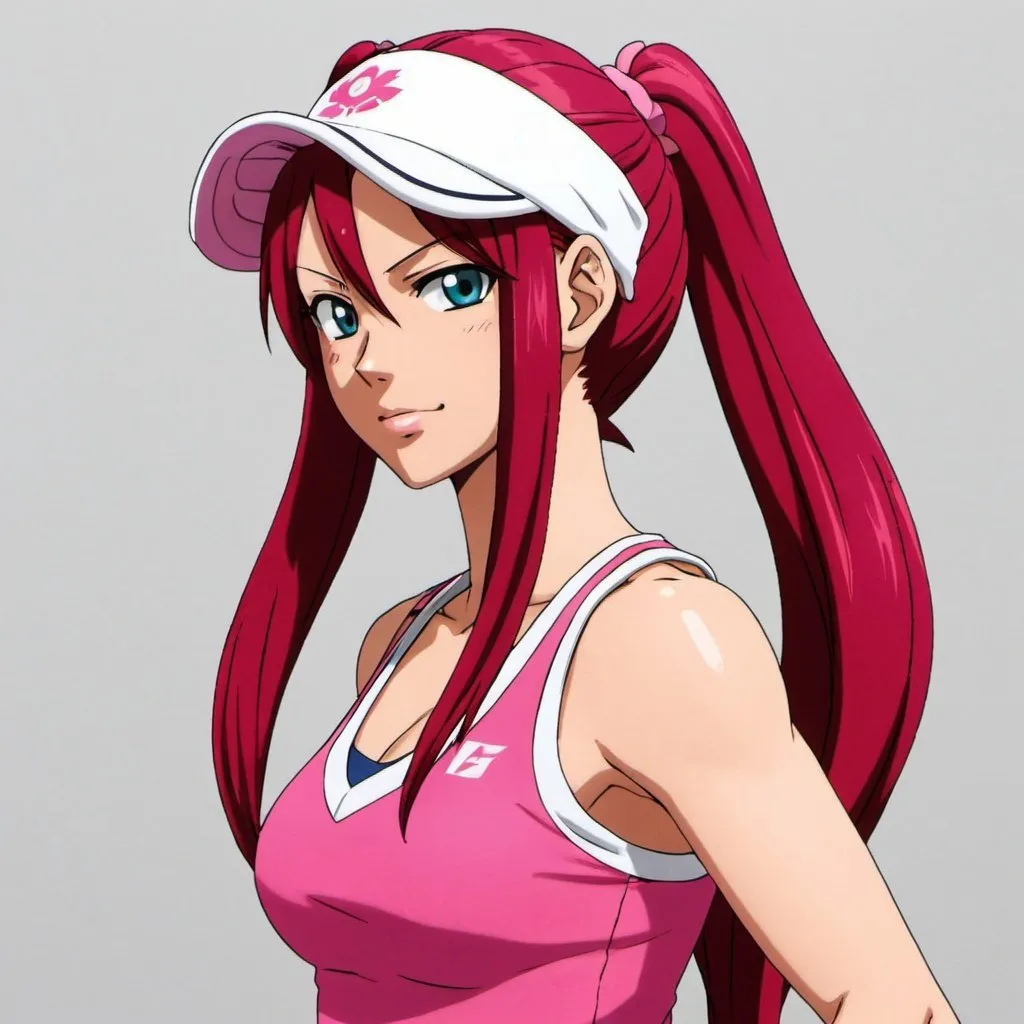 Prompt: FairyTail Erza Scarlet wearing pink tennis wear and pink visor with pigtails