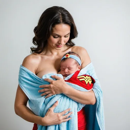 Prompt: Wonder Women Wearing soft blue towel breastfeeding newborn baby boy 