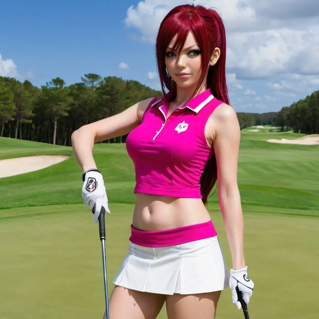 Prompt: Erza Scarlet wearing hot pink golf wear