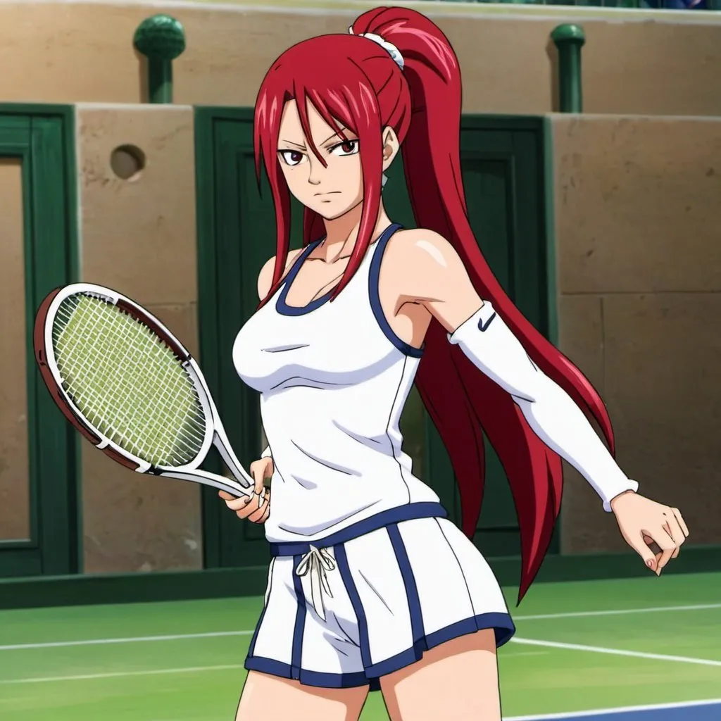 Prompt: Erza Scarlet wearing tennis wear 