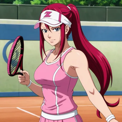 Prompt: FairyTail Erza Scarlet wearing pink tennis wear and pink visor with pigtails