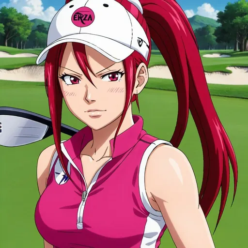 Prompt: Erza Scarlet wearing hot pink golf wear