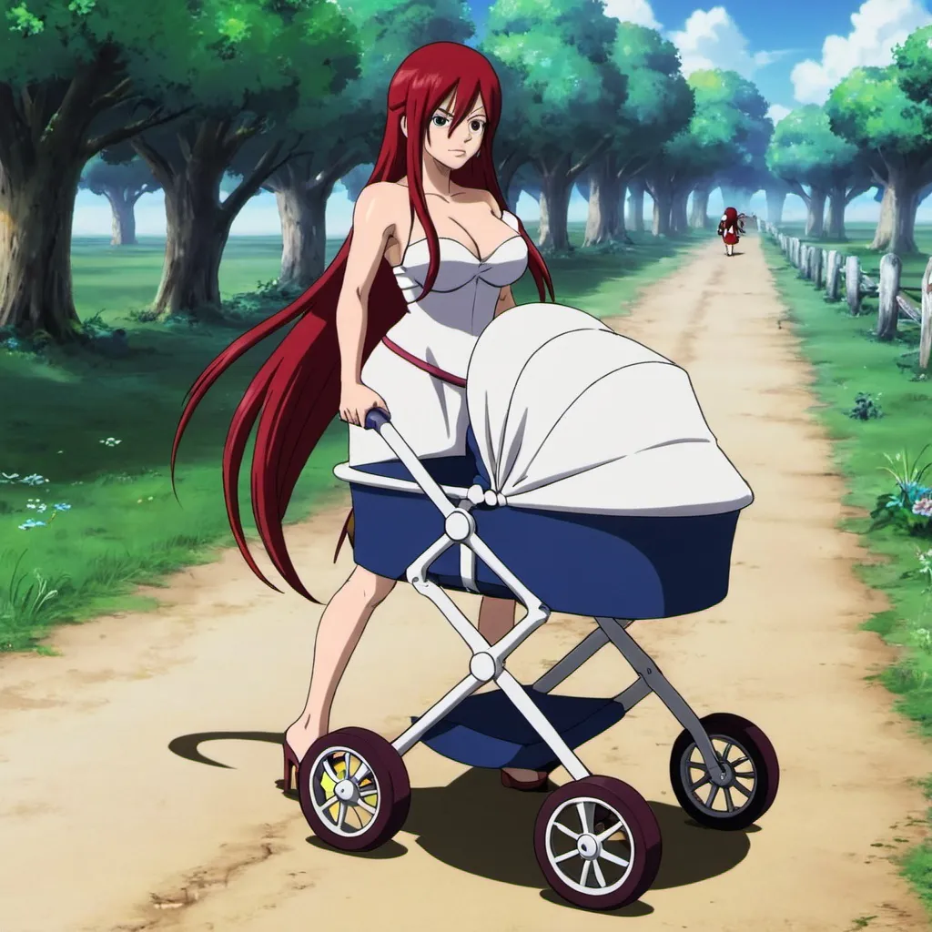 Erza Scarlet walking with baby carriage