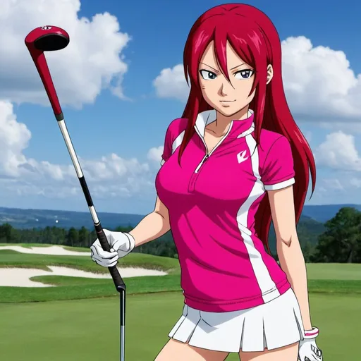 Prompt: Erza Scarlet wearing hot pink golf wear