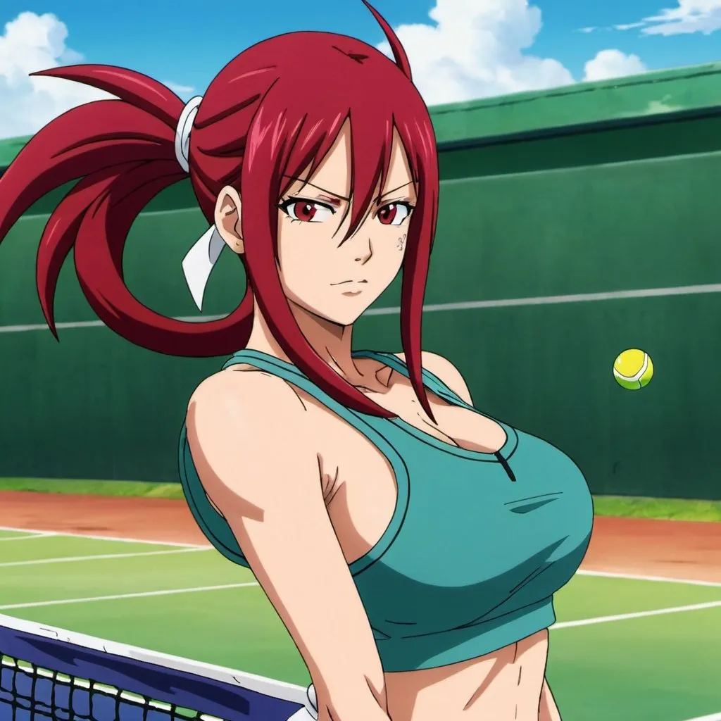 Prompt: Erza Scarlet wearing tennis wear 