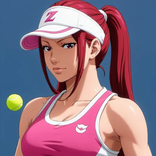 Prompt: FairyTail Erza Scarlet wearing pink tennis wear and pink visor with pigtails