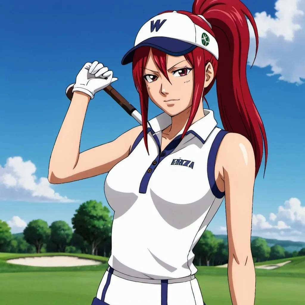 Prompt: Erza Scarlet wearing golf wear