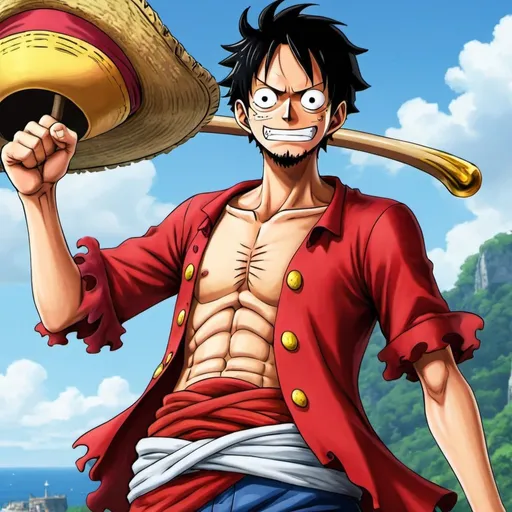 Prompt: One Piece grown up older version of Monkey D Luffy Pirate King 