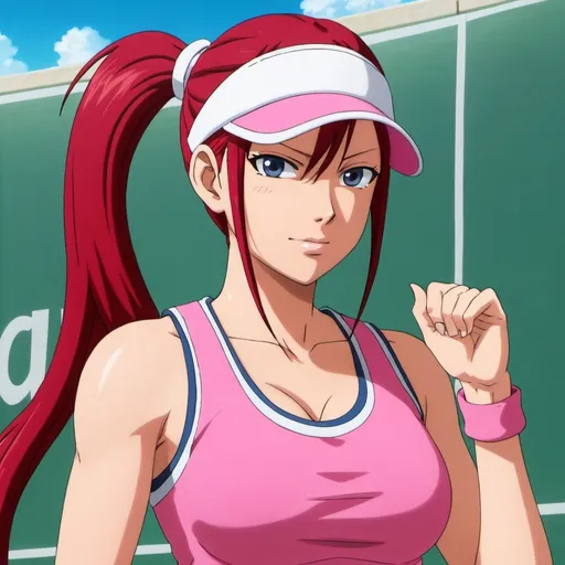 Prompt: FairyTail Erza Scarlet wearing pink tennis wear and pink visor with pigtails