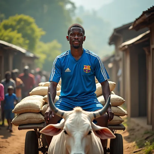 Prompt: A determined figure, clad in a bright blue soccer jersey adorned with stripes and emblematic details, guides a cart pulled by a sturdy white cow along a rural dirt path. The man, sporting a focused expression, sits confidently atop the cart, which is laden with beige sacks that hint at agricultural goods, suggesting a connection to the local farming community. Surrounding him, rustic wooden structures and a backdrop of lush, green hills create a serene yet industrious atmosphere, while soft sunlight filters through the trees, casting a warm glow over the scene. The composition captures a blend of traditional farming life with a modern twist, evoking a sense of cultural integration and the everyday labor of rural life, as onlookers quietly observe from the sides.