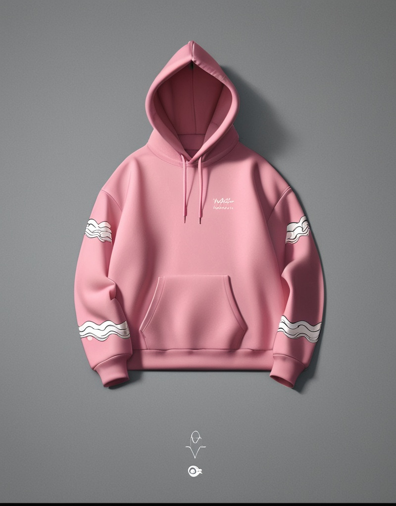 Prompt: a pink Hoodie with waves in the gloves end waves name