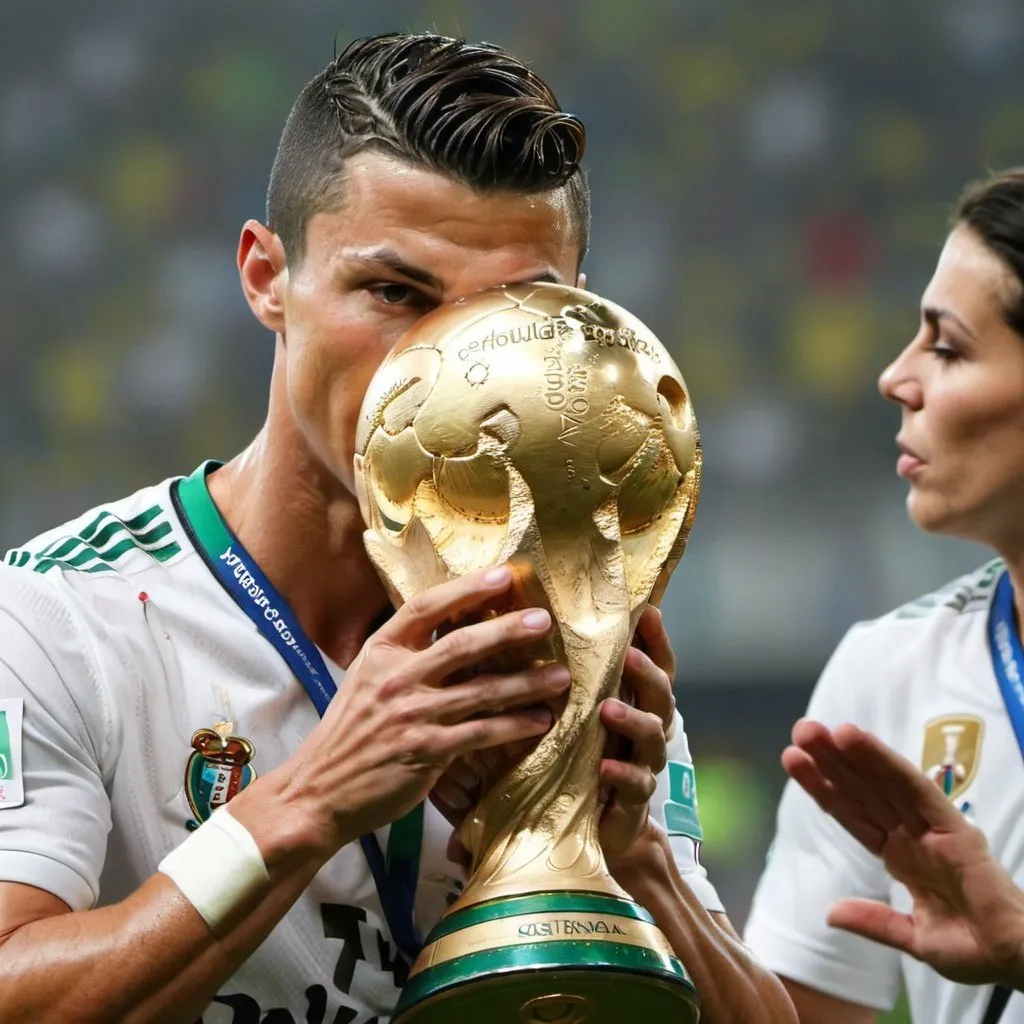 Prompt: Cristiano Ronaldo is kissing the World Cup.

