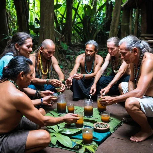 Prompt: retreat blessed people shaman with an ayahuasca drink