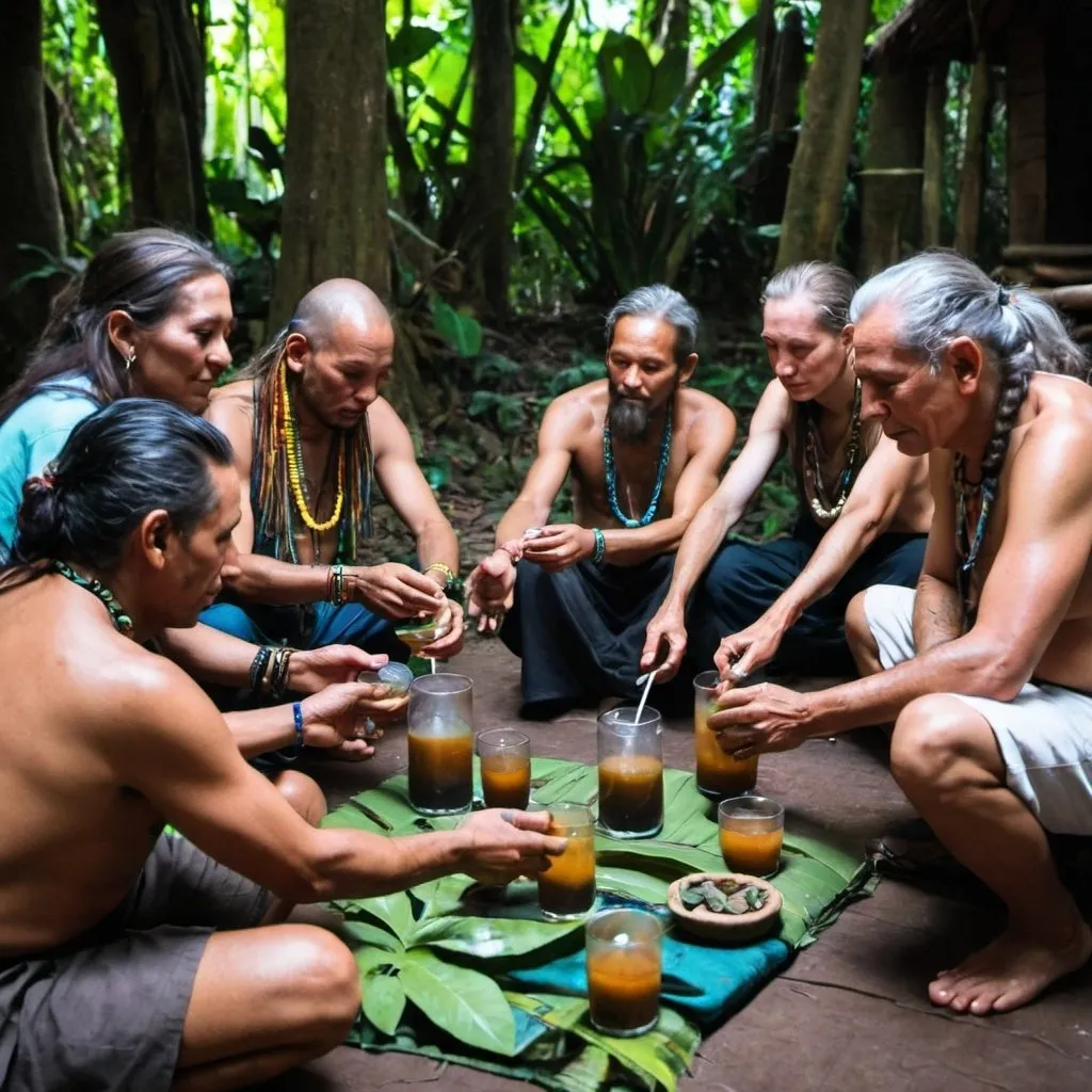 Prompt: retreat blessed people shaman with an ayahuasca drink