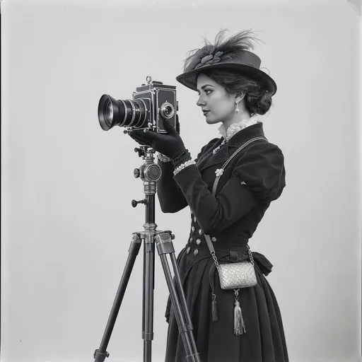Prompt: full body of a Lady photographer in Edwardian clothing with an fashioned camera on a tripod