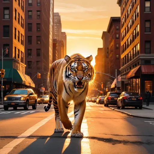 Prompt: (saber-tooth tiger on a New York Lake City street), (Sunset Afterglow), vibrant warm tones, golden light reflecting off modern buildings, serene yet dynamic atmosphere, shadows elongating on the pavement, bustling urban environment, ultra-detailed, high-quality, cinematic ambiance, capturing the interesting juxtaposition of wildlife and city life.