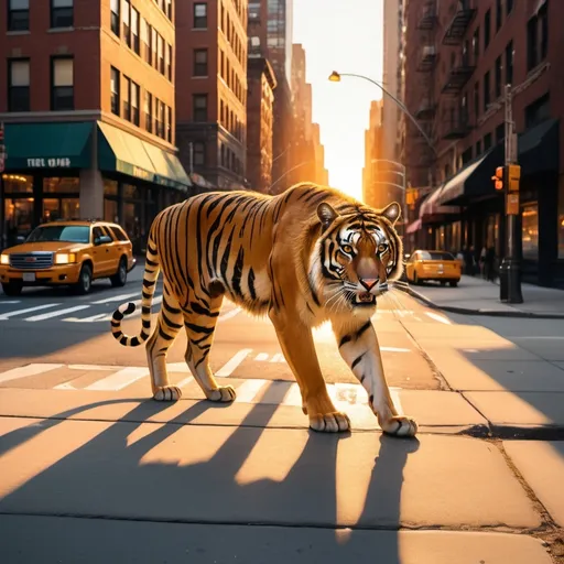 Prompt: (saber-tooth tiger on a New York Lake City street), (Sunset Afterglow), vibrant warm tones, golden light reflecting off modern buildings, serene yet dynamic atmosphere, shadows elongating on the pavement, bustling urban environment, ultra-detailed, high-quality, cinematic ambiance, capturing the interesting juxtaposition of wildlife and city life.