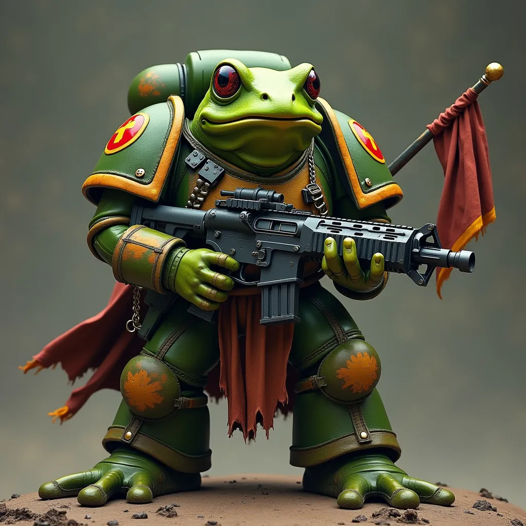 Prompt: Pepe the frog as a Warhammer 40k Space Marine with kekistani flag