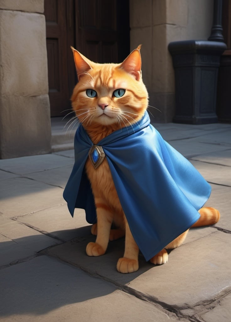 Prompt: hyper-realistic orange cut with blue cape that looks like the cat from shrek, fantasy character art, illustration, dnd, warm tone with no hat yellow eyes